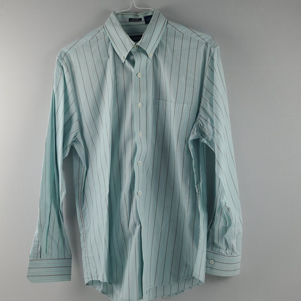 IZOD EASY CARE GREEN/BLUE STRIPE SHIRT SZ M